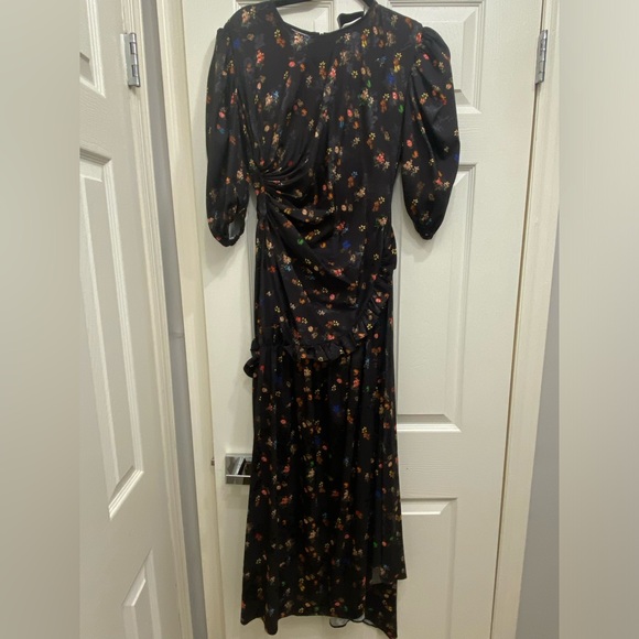 Preen by Thornton Bregazzi Black Floral Puff-Sleeve Maxi Dress - satin